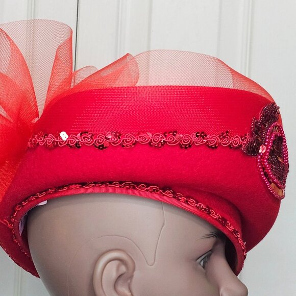 Mr Hi's Vintage Red Church Hat Wool Derby Beads Sequin Tulle Bow Formal USA - Picture 10 of 10